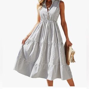 Brovave Women’s‎ Grey  and White Striped Midi Dress
